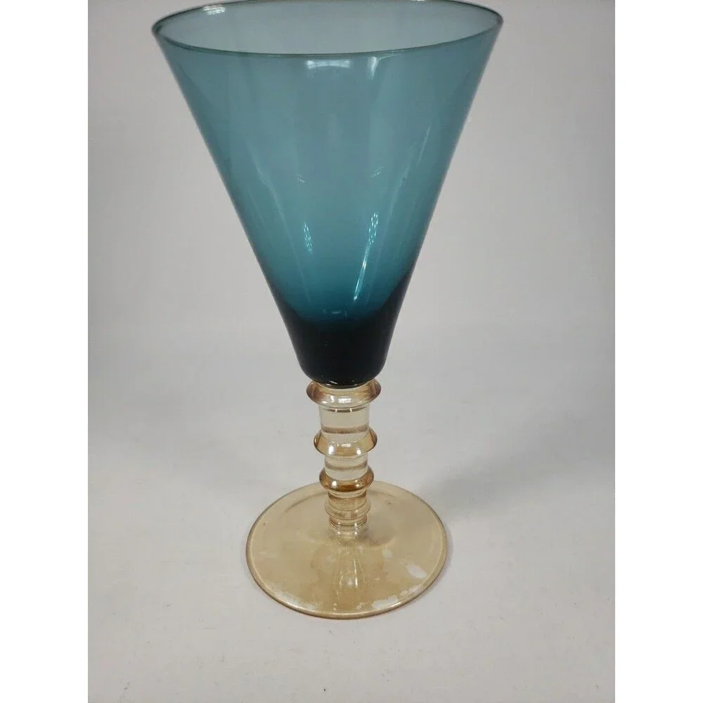 Vintage MCM Smoky Blue Glass Goblet Amber Stepped Ribbed Stem 2-Tone Wine Glass